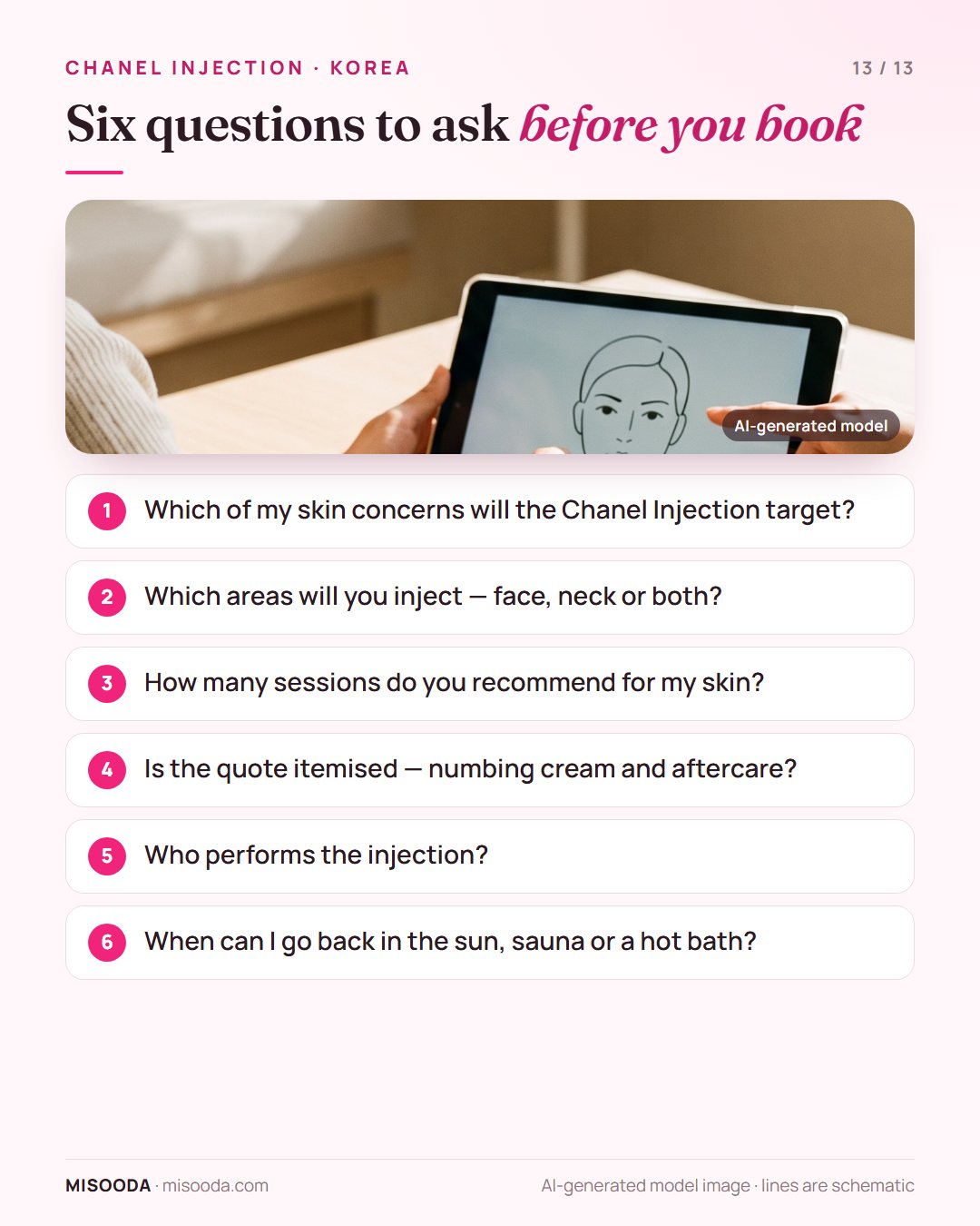 Six questions before booking a Chanel Injection in Korea: target concerns, face or neck, number of sessions, itemised quote, who injects, sun and sauna