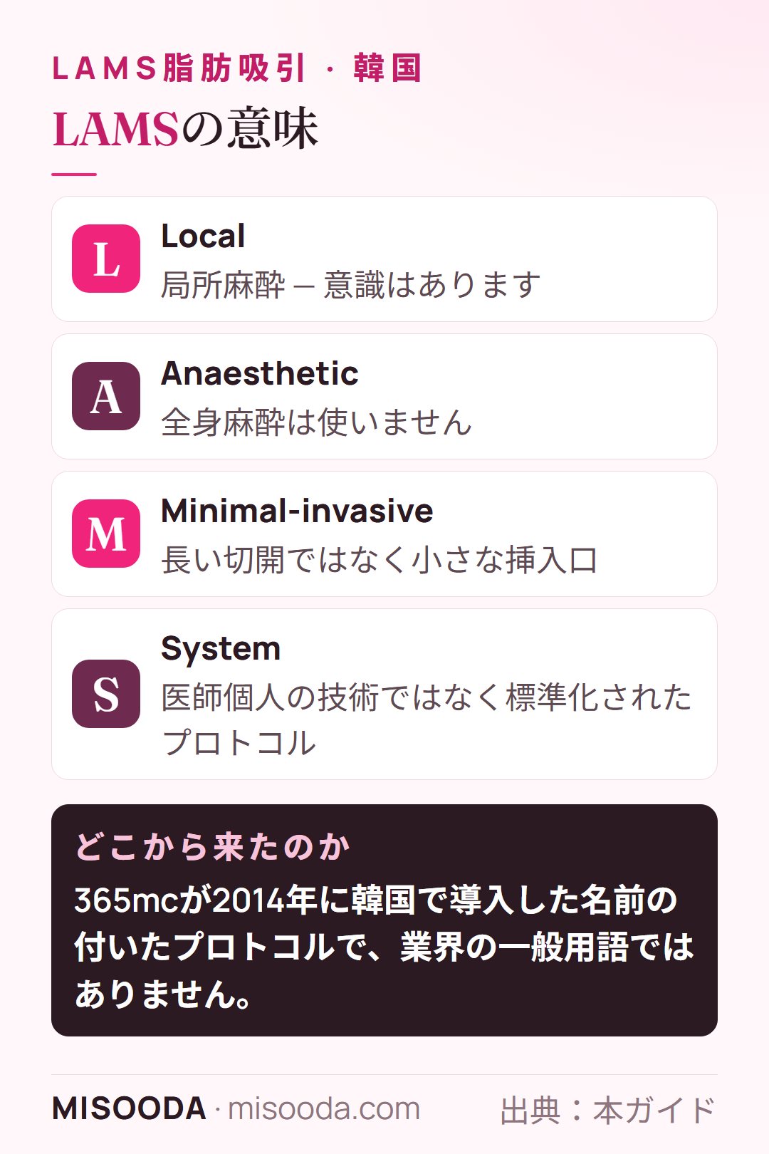 韓国 LAMS脂肪吸引の意味:Local Anaesthetic Minimal-invasive liposuction Systemの略で、2014年に韓国で導入された名前の付いたプロトコル
