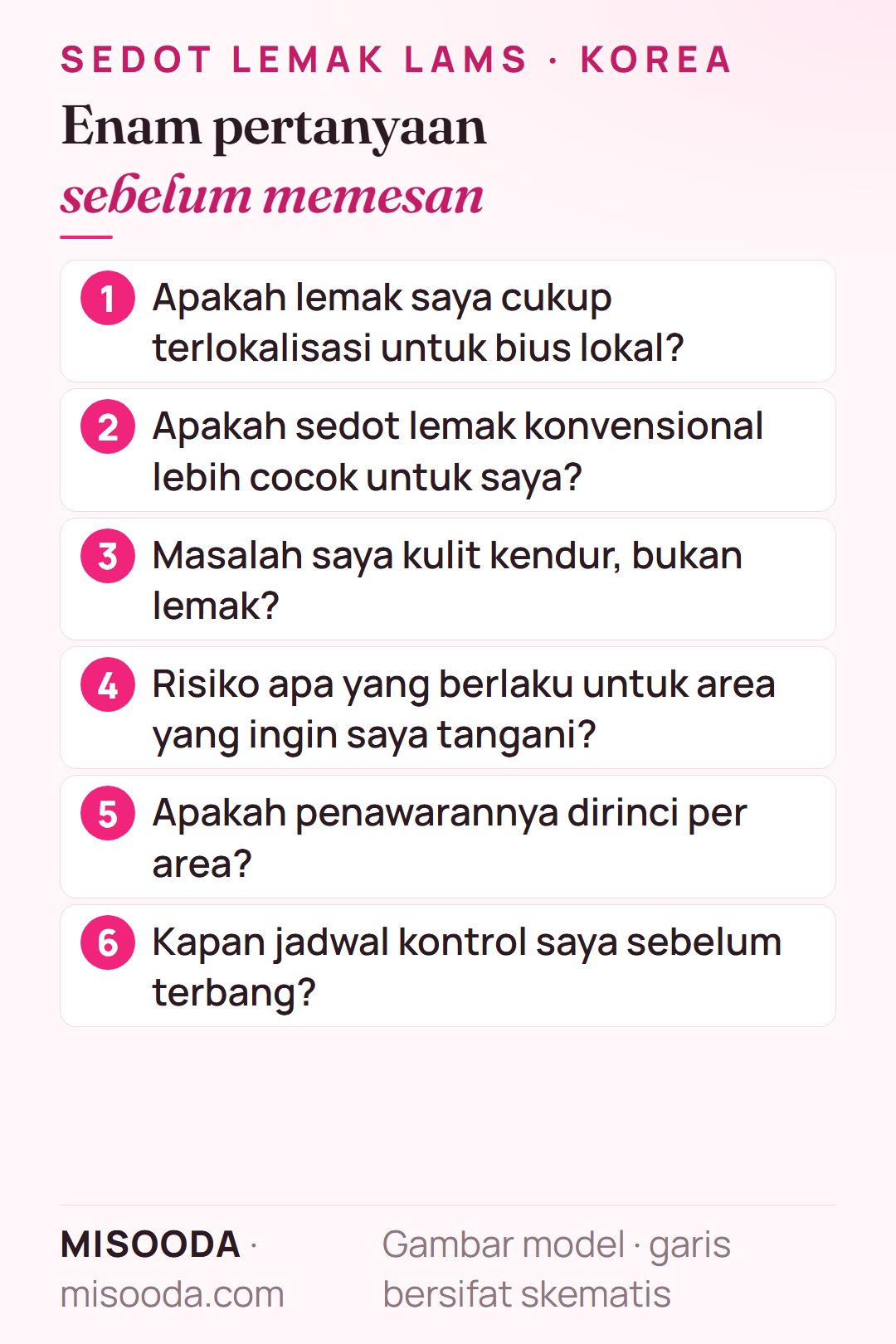 Enam pertanyaan sebelum memesan sedot lemak LAMS di Korea: lemak terlokalisasi, alternatif konvensional, kulit kendur, risiko per area, penawaran rinci, kontrol
