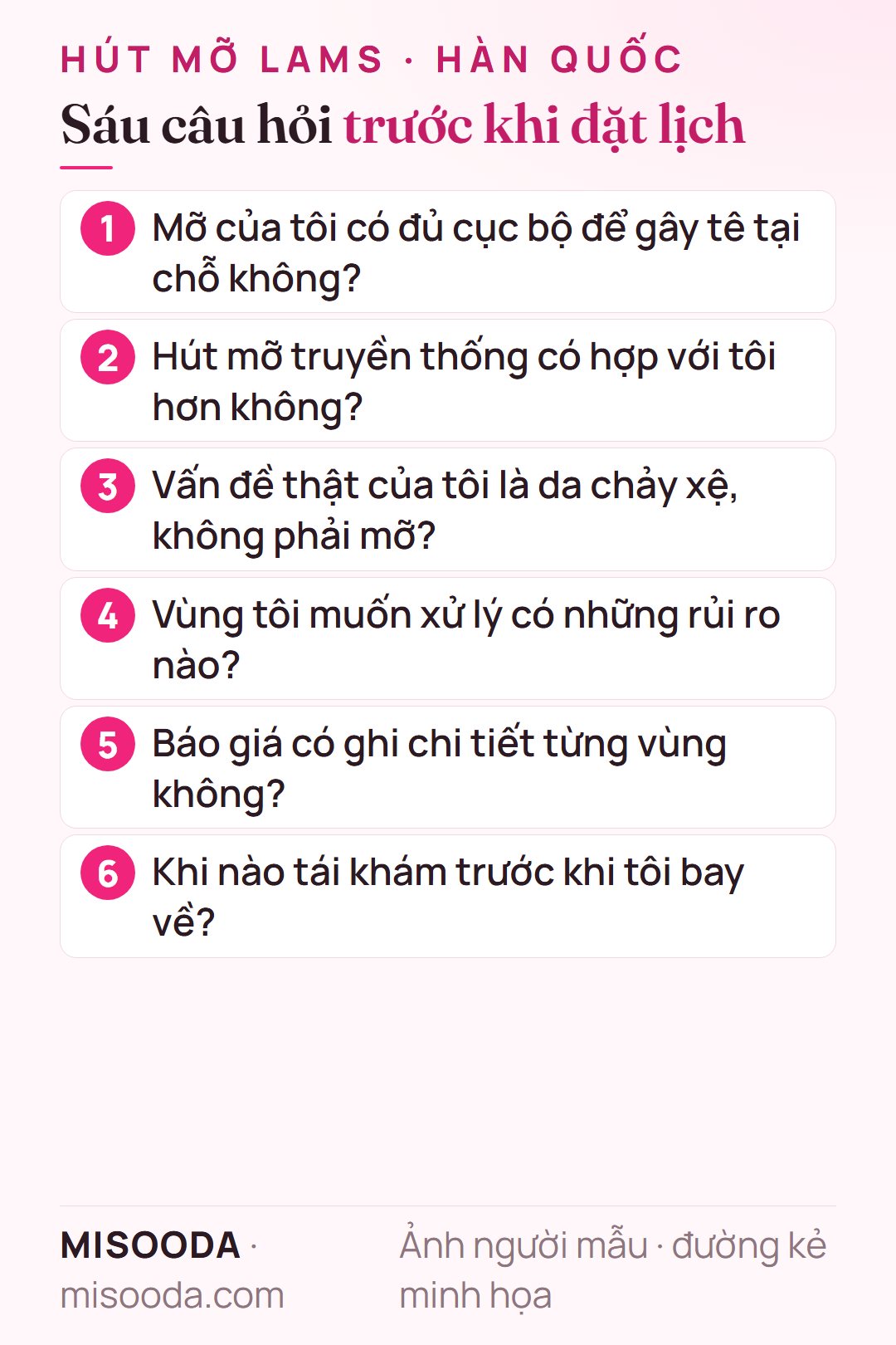 Sáu câu hỏi trước khi đặt lịch hút mỡ LAMS tại Hàn Quốc: mỡ cục bộ, phương án truyền thống, da chảy xệ, rủi ro theo vùng, báo giá chi tiết, tái khám