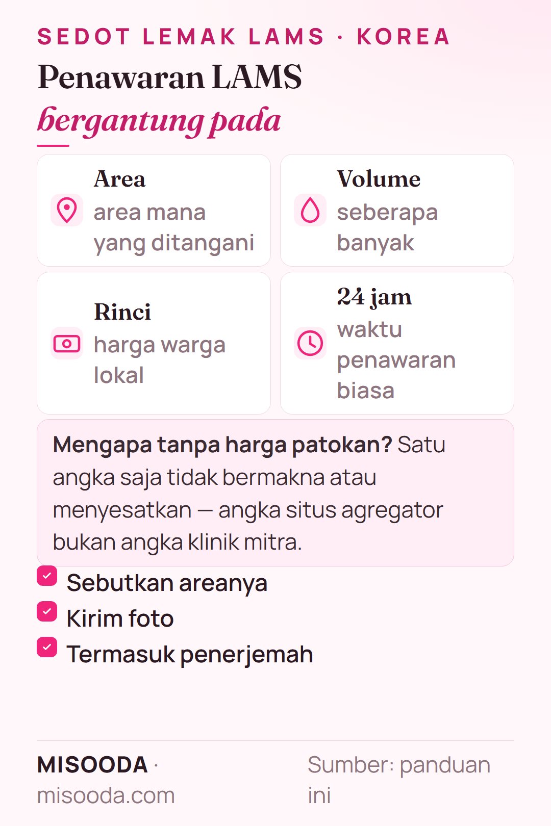 Penawaran sedot lemak LAMS di Korea bergantung pada area dan volume; dirinci, harga sama dengan warga lokal, termasuk penerjemah, dalam 24 jam