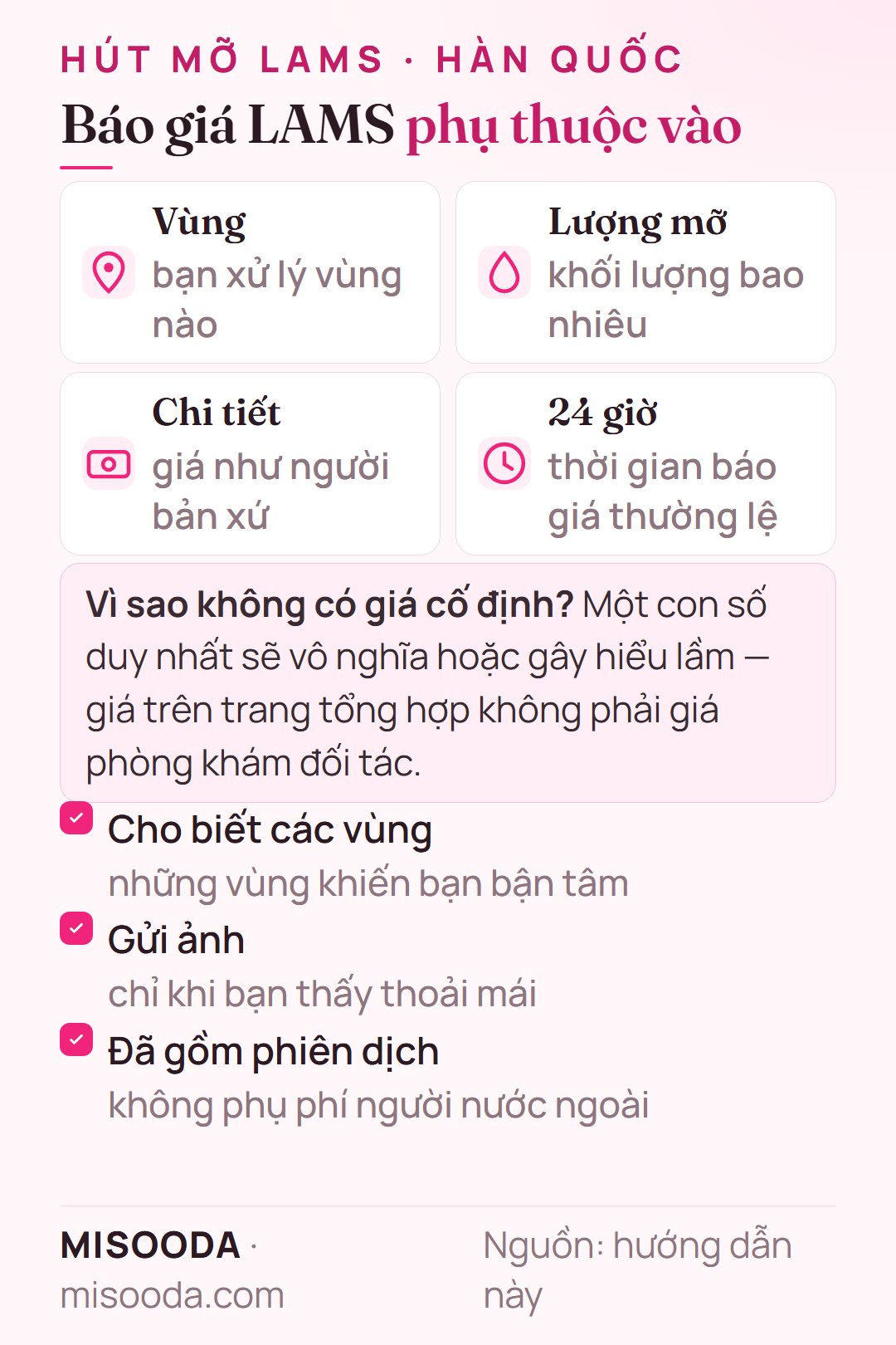 Báo giá hút mỡ LAMS tại Hàn Quốc tùy vùng xử lý và lượng mỡ; báo giá chi tiết, giá như người bản xứ, đã gồm phiên dịch, trong vòng 24 giờ