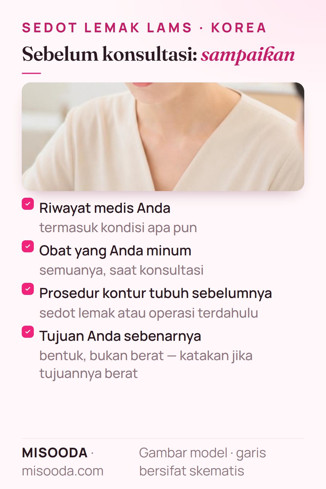 Sebelum konsultasi sedot lemak LAMS, sampaikan riwayat medis, obat, prosedur kontur tubuh sebelumnya, dan apakah tujuan Anda bentuk atau berat badan