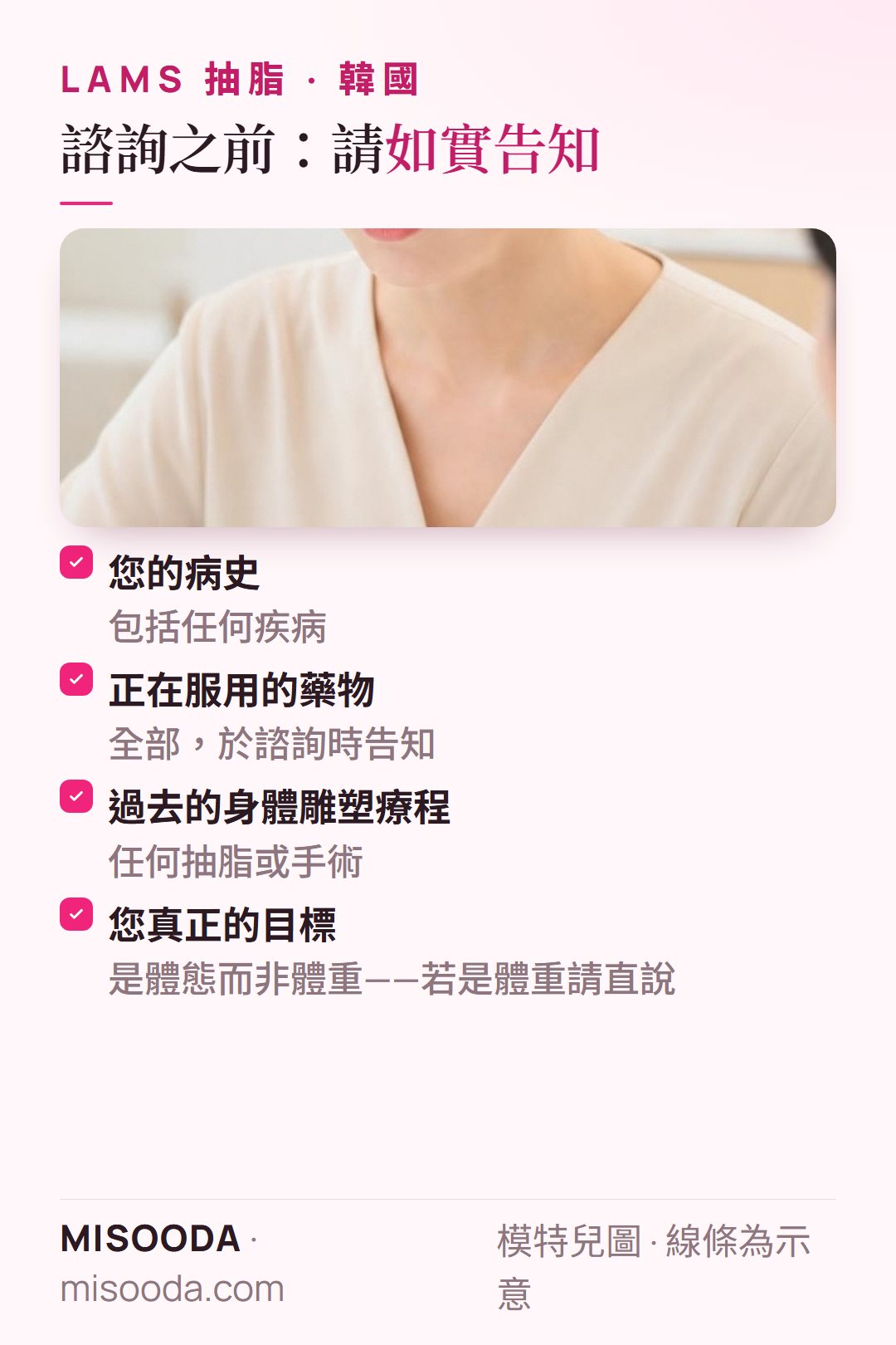 韓國 LAMS 抽脂諮詢前請告知病史、用藥、過去的身體雕塑療程,以及您的目標是體態還是體重
