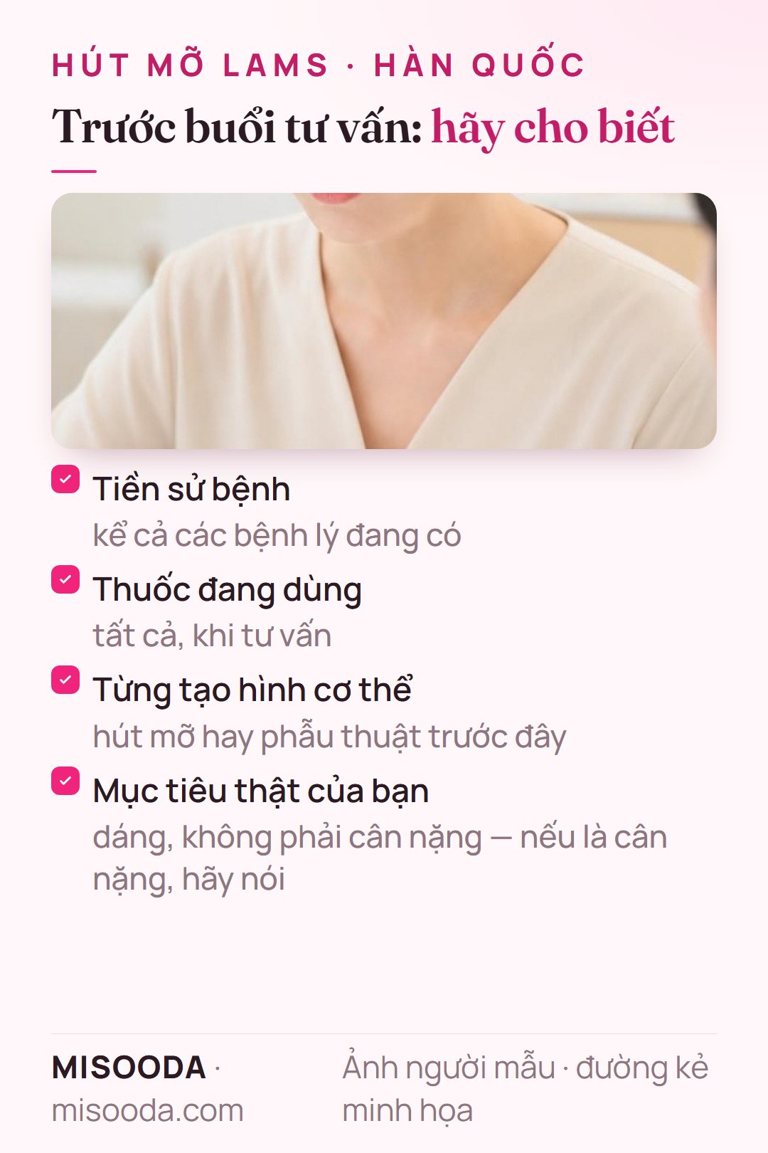 Trước buổi tư vấn hút mỡ LAMS, hãy cho biết tiền sử bệnh, thuốc đang dùng, các lần tạo hình cơ thể trước và mục tiêu là dáng hay cân nặng