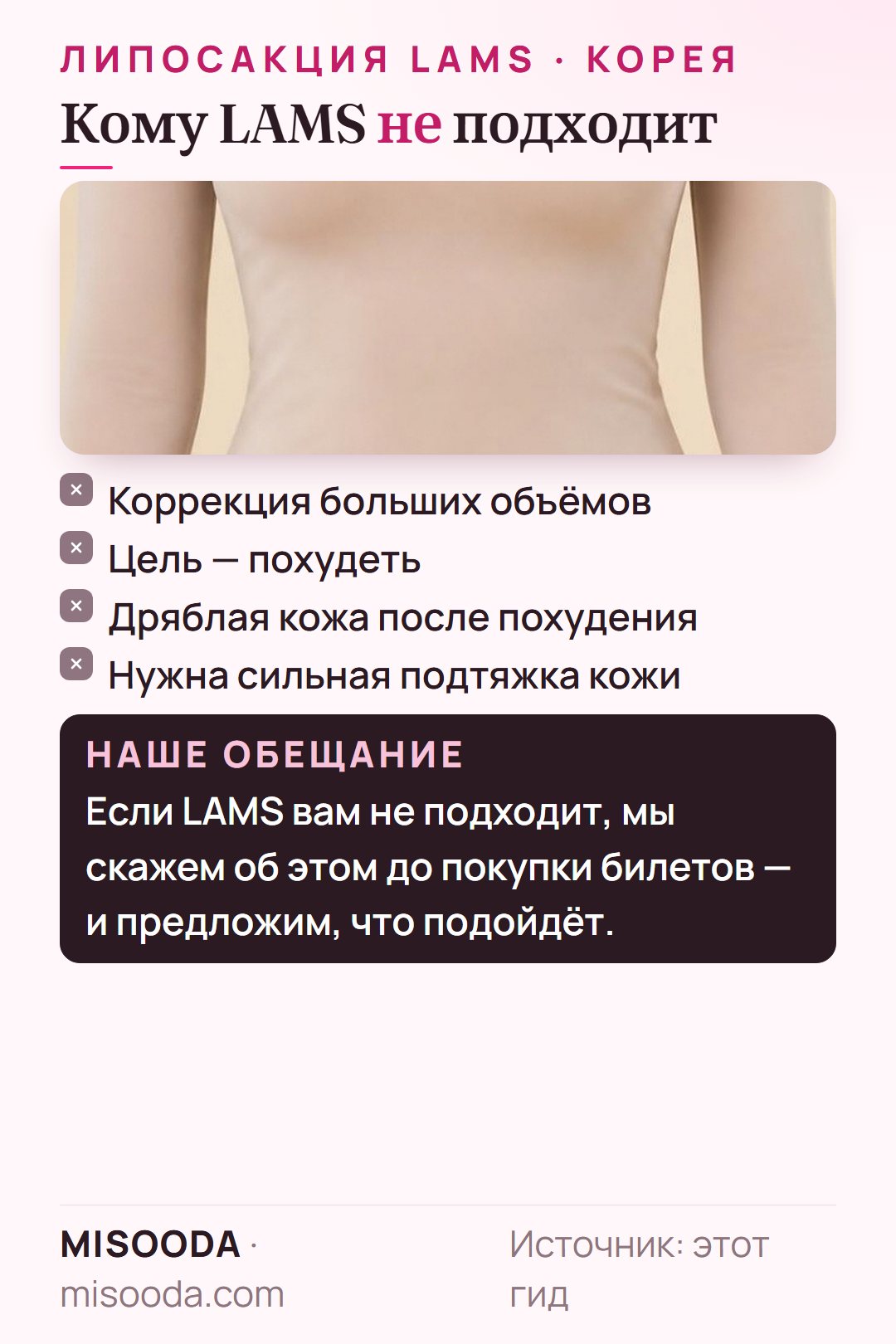 Кому не подходит липосакция LAMS: коррекция больших объёмов, цель — похудение, дряблая кожа после значительной потери веса или необходимость существенной подтяжки кожи