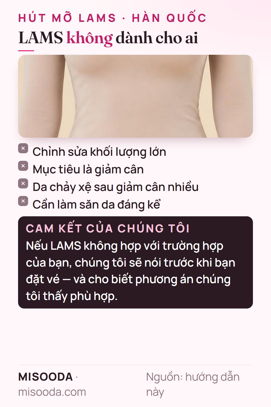 Hút mỡ LAMS không dành cho ai: chỉnh sửa khối lượng lớn, mục tiêu giảm cân, da chảy xệ sau giảm cân nhiều, hoặc cần làm săn da đáng kể