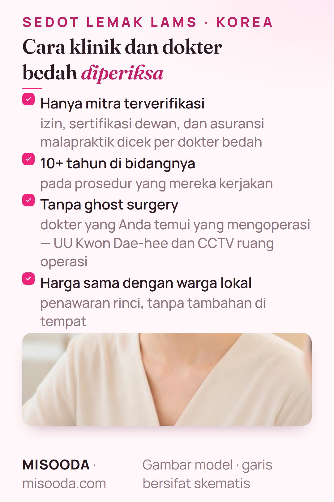 Cara MISOODA memeriksa klinik sedot lemak di Korea: izin, sertifikasi dewan, asuransi malapraktik, 10+ tahun di bidangnya, tanpa ghost surgery, CCTV ruang operasi