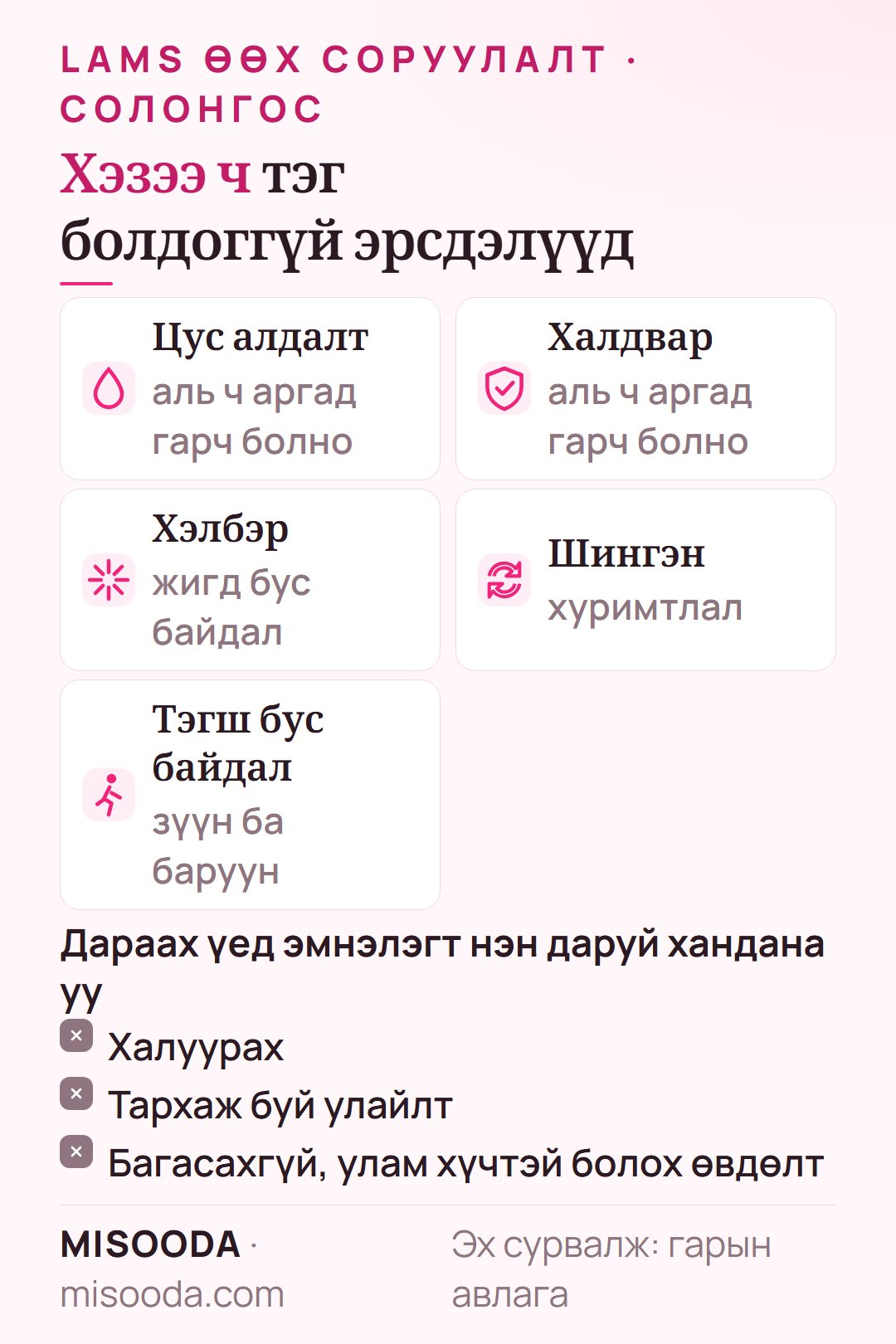 LAMS зэрэг аль ч аргын өөх соруулалтын эрсдэл: цус алдалт, халдвар, хэлбэрийн жигд бус байдал, шингэн хуримтлал, тэгш бус байдал; халуурах, өвдөлт ихсэх үед хандах