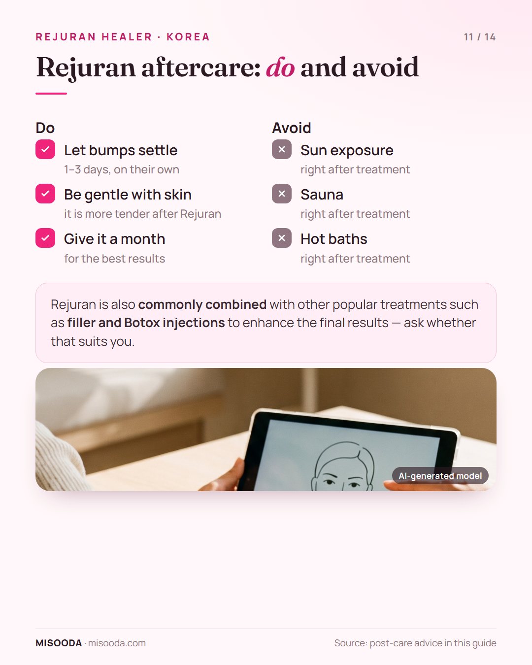 Rejuran aftercare do and avoid list: let bumps settle for 1–3 days, be gentle with tender skin, avoid sun, sauna and hot baths; often combined with filler