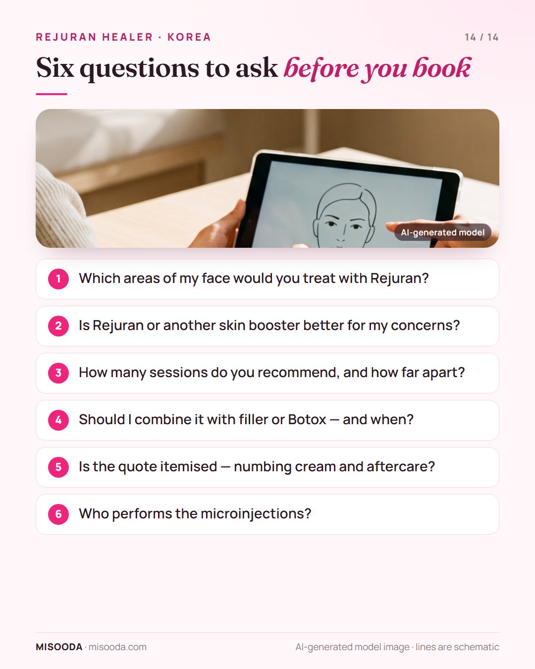 Six questions before booking Rejuran Healer in Korea: treatment areas, skin booster choice, sessions, combining with filler, itemised quote, who injects