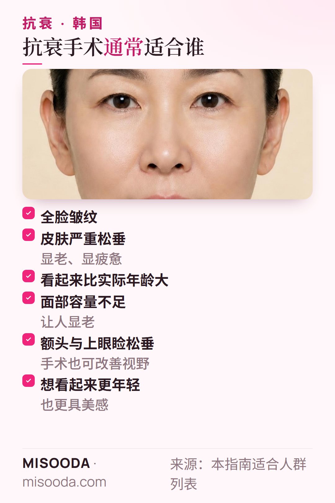 韩国 抗衰手术适合人群:全脸皱纹、严重松垂、面部容量不足、额头与上眼睑松垂影响视野