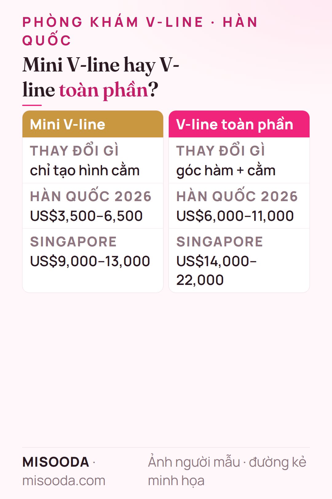 Mini V-line (tạo hình cằm, US$3,500–6,500) và V-line toàn phần (góc hàm + cằm, US$6,000–11,000) tại Hàn Quốc trên góc nghiêng, so với giá Singapore