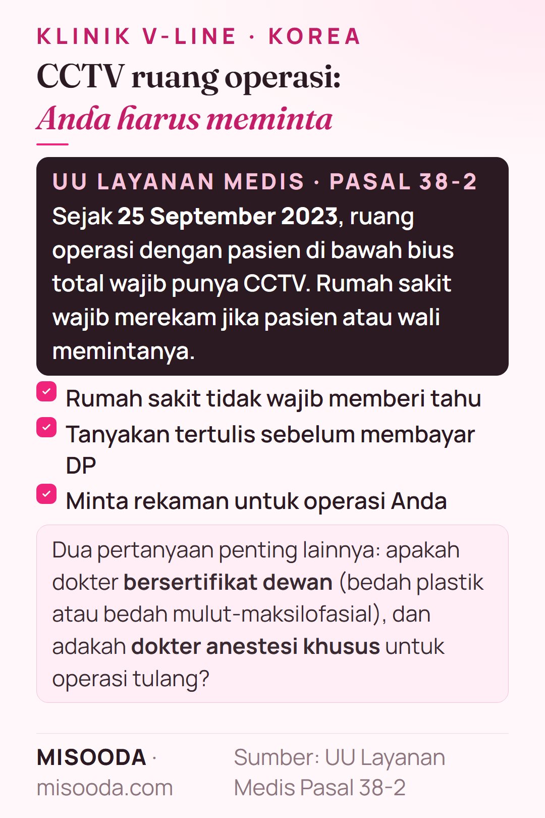 Hukum CCTV ruang operasi Korea untuk operasi V-line: Pasal 38-2 sejak 25 September 2023, rekaman atas permintaan pasien di bawah bius total — minta secara tertulis
