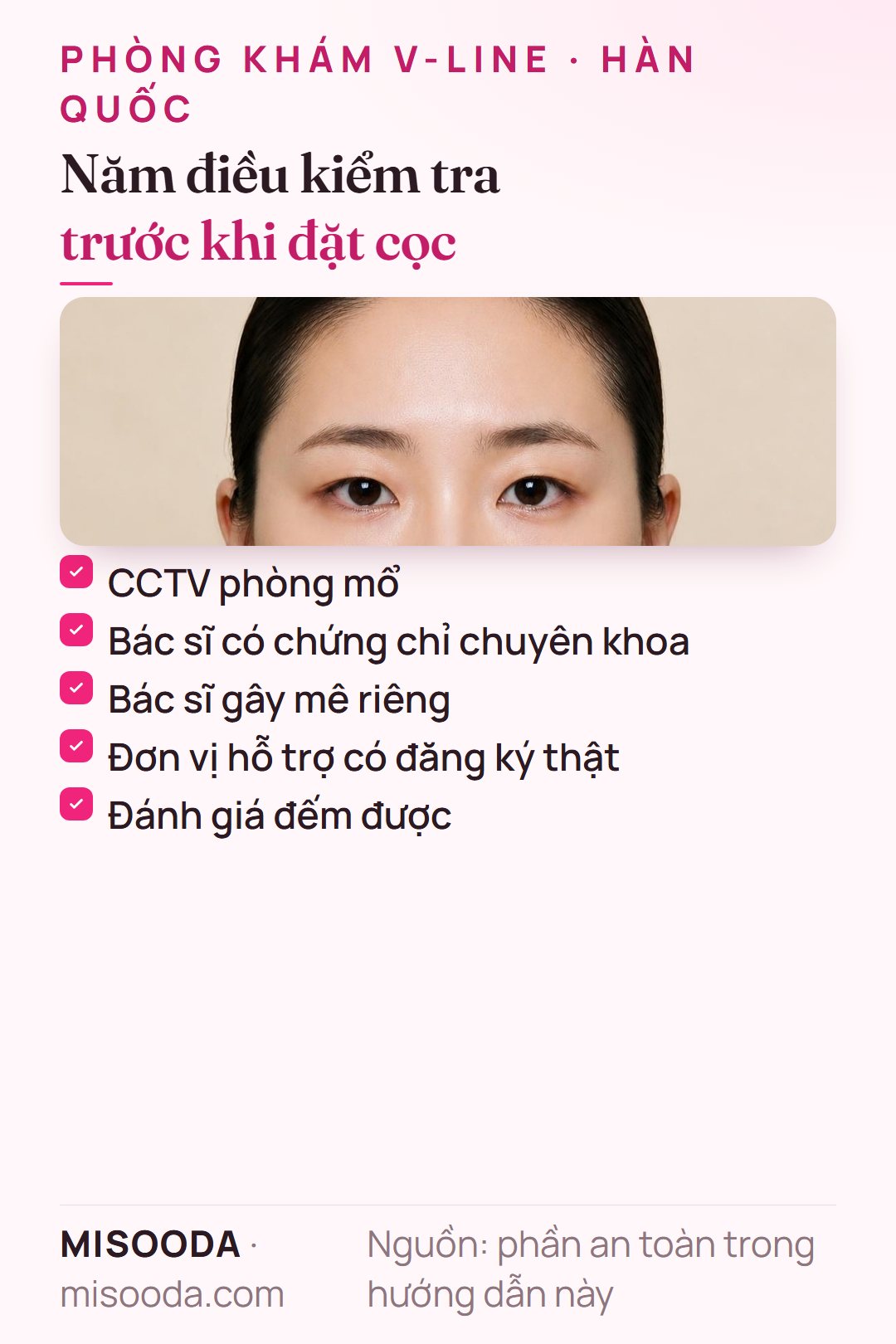 Danh sách kiểm tra an toàn phẫu thuật V-line tại Hàn Quốc: CCTV bằng văn bản, số chứng chỉ chuyên khoa của bác sĩ, bác sĩ gây mê riêng, đơn vị hỗ trợ có đăng ký, 328 đánh giá xác minh