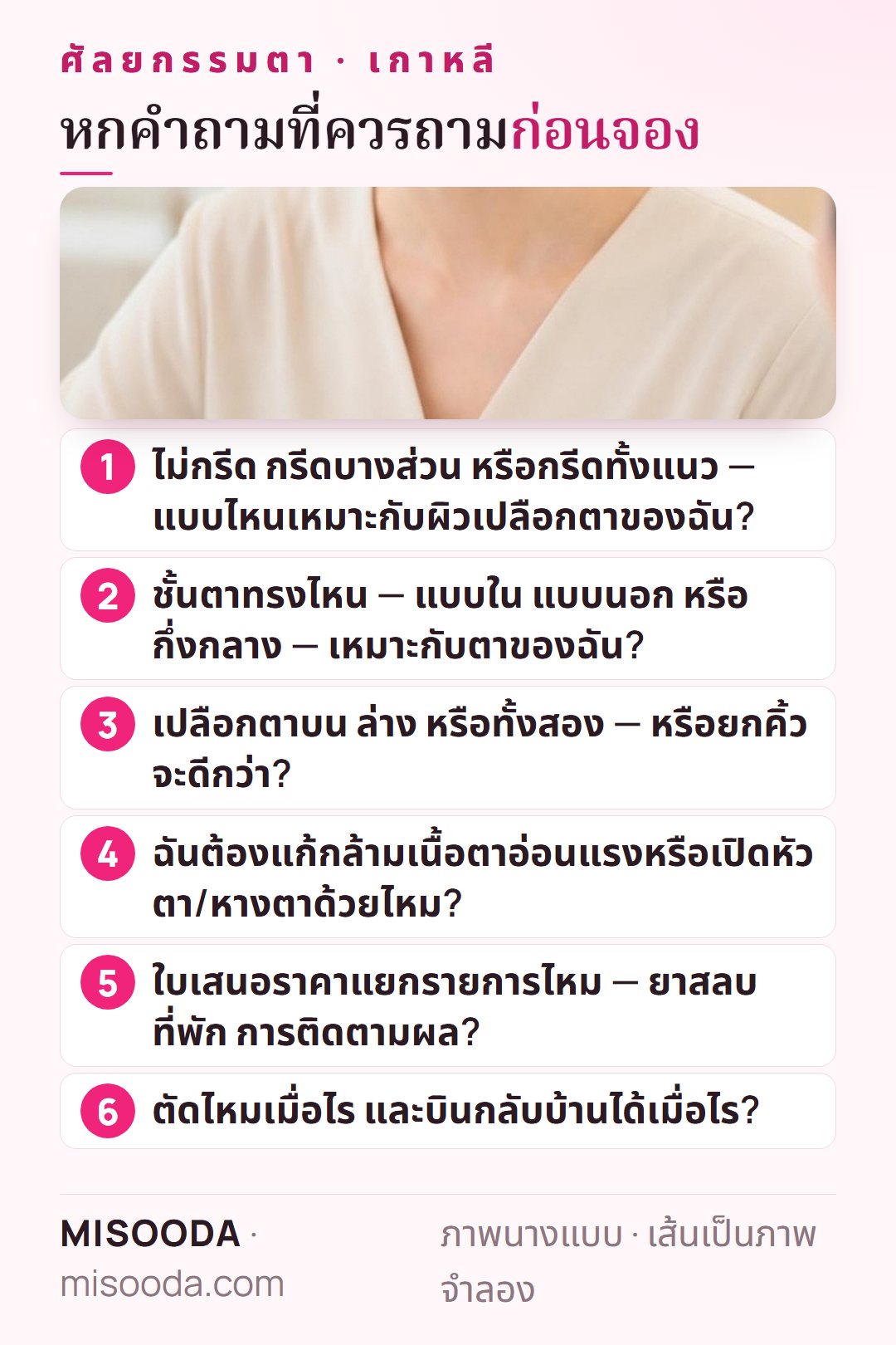 หกคำถามก่อนจองศัลยกรรมตาในเกาหลี: วิธีไหน ชั้นตาทรงไหน บน ล่าง หรือยกคิ้ว กล้ามเนื้อตาอ่อนแรง ใบเสนอราคาแยกรายการ และบินกลับเมื่อไร