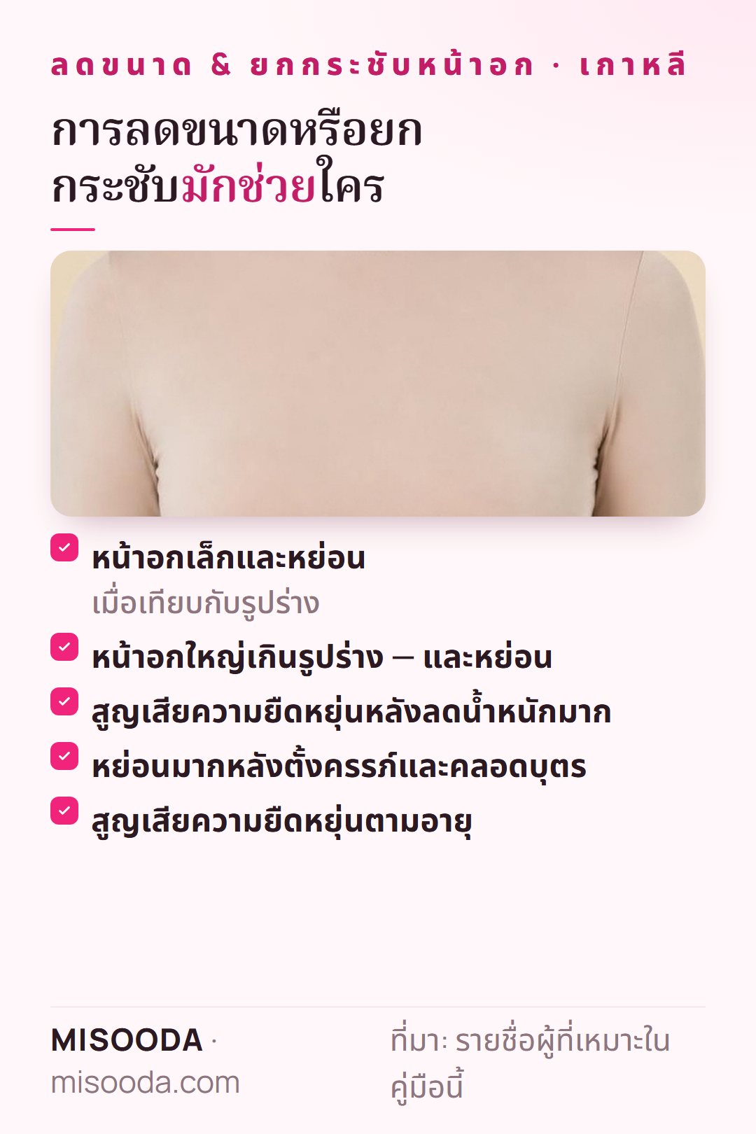 ผู้ที่เหมาะกับการลดขนาดและยกกระชับหน้าอก: หน้าอกเล็กหย่อน หน้าอกใหญ่หย่อน สูญเสียความยืดหยุ่นหลังลดน้ำหนัก ตั้งครรภ์ หรืออายุมากขึ้น