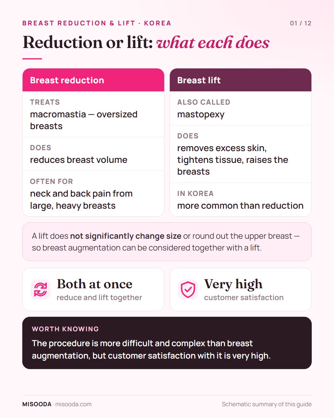 Breast reduction vs breast lift in Korea: reduction removes oversized breast volume, mastopexy removes excess skin and raises sagging breasts