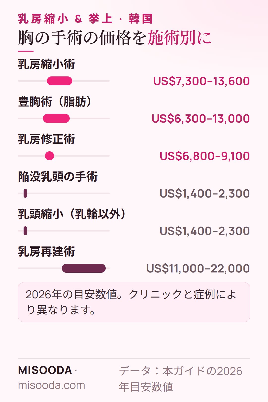 韓国 胸の手術の価格ガイド 2026年:乳房縮小術US$7,300–13,600、豊胸術US$6,300–13,000、修正術US$6,800–9,100、再建術は最大US$22,000