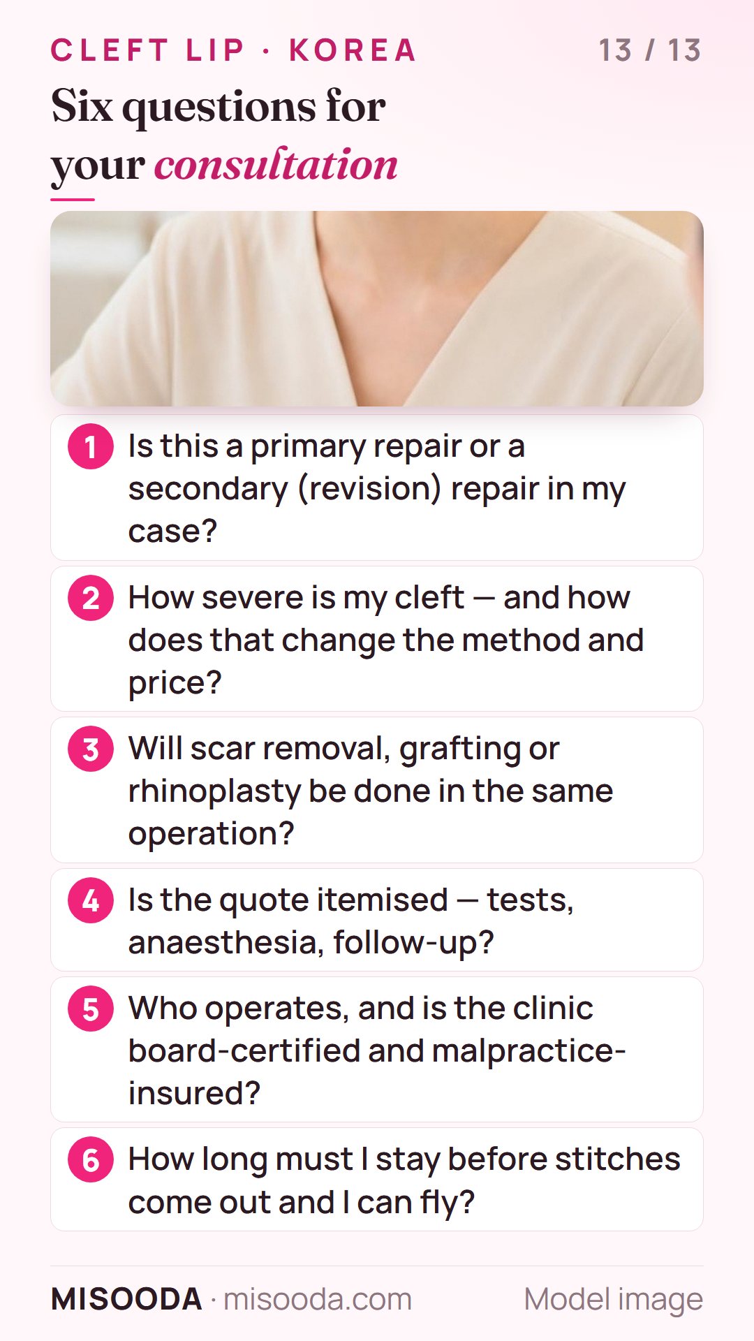 Six questions before cleft lip surgery in Korea: primary or secondary repair, severity and method, combined rhinoplasty or grafting, itemised quote, who operates, length of stay