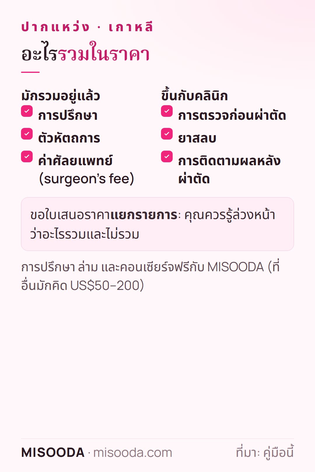ใบเสนอราคาผ่าตัดปากแหว่งในเกาหลีรวมอะไร: การปรึกษา หัตถการ และค่าศัลยแพทย์ ส่วนการตรวจก่อนผ่าตัด ยาสลบ และการติดตามผลขึ้นกับคลินิก