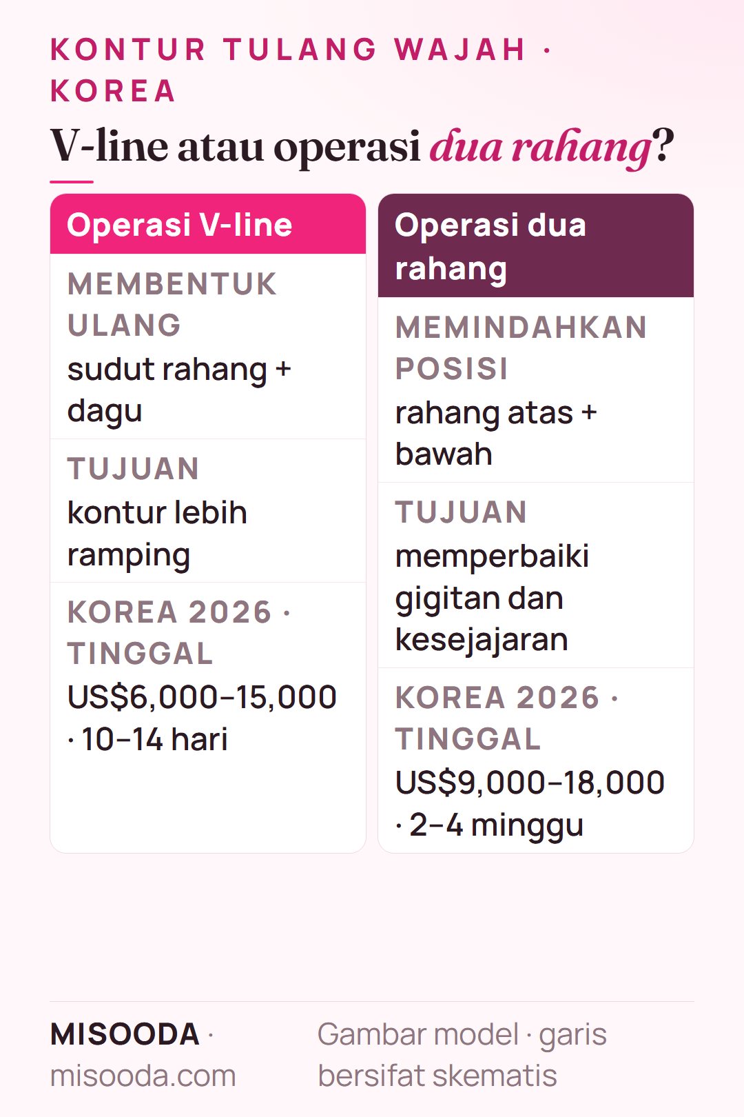 Operasi V-line vs operasi dua rahang di Korea pada profil samping: V-line membentuk sudut rahang dan dagu (US$6,000–15,000), dua rahang memindahkan kedua rahang (US$9,000–18,000)