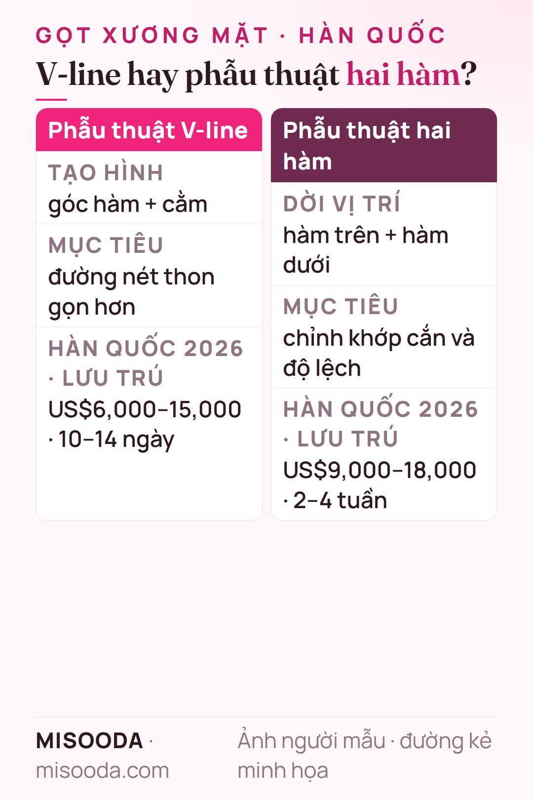 Phẫu thuật V-line và phẫu thuật hai hàm trên góc nghiêng: V-line tạo hình góc hàm và cằm (US$6,000–15,000), hai hàm dời vị trí cả hai hàm (US$9,000–18,000)