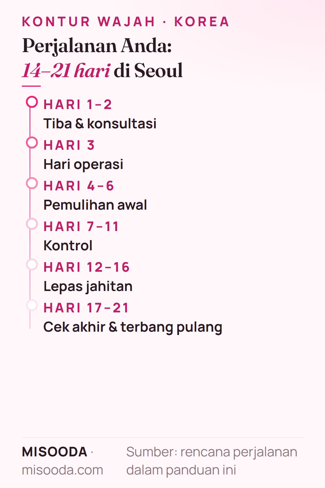Timeline perjalanan kontur wajah di Seoul: CT 3D dan konsultasi hari 1–2, operasi hari 3, kontrol hari 7–11, lepas jahitan hari 12–16, terbang pulang hari 17–21