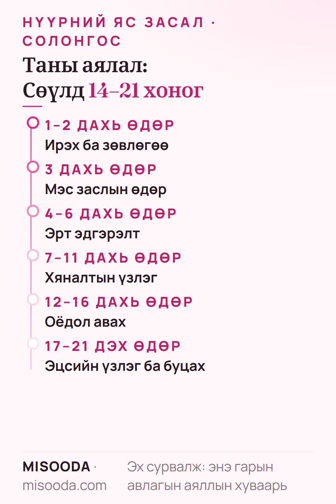 Сөүлд нүүрний яс засалын аяллын хуваарь: 1–2 дахь өдөр 3D CT, зөвлөгөө, 3 дахь өдөр мэс засал, 7–11 дэх өдөр үзлэг, 12–16 дахь өдөр оёдол авах, 17–21 дэх өдөр буцах