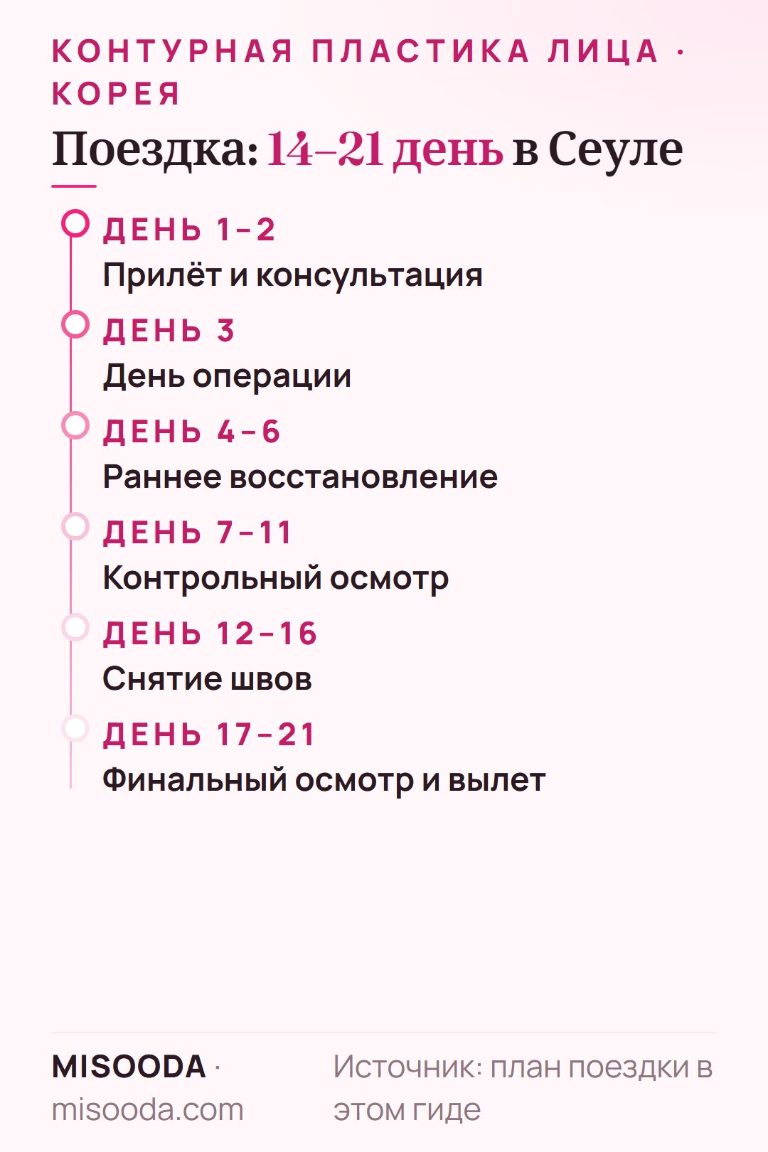 План поездки на контурную пластику лица в Сеул: 3D КТ и консультация в день 1–2, операция в день 3, осмотр в день 7–11, снятие швов в день 12–16, вылет домой в день 17–21