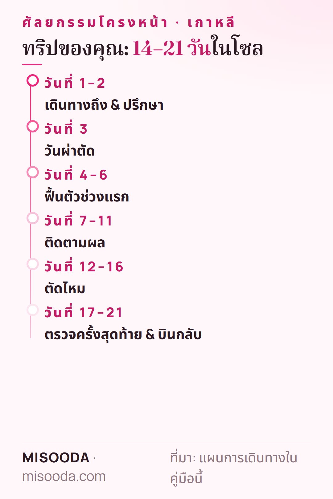 ไทม์ไลน์ทริปศัลยกรรมโครงหน้าในโซล: 3D CT และปรึกษาวันที่ 1–2 ผ่าตัดวันที่ 3 ติดตามผลวันที่ 7–11 ตัดไหมวันที่ 12–16 บินกลับวันที่ 17–21