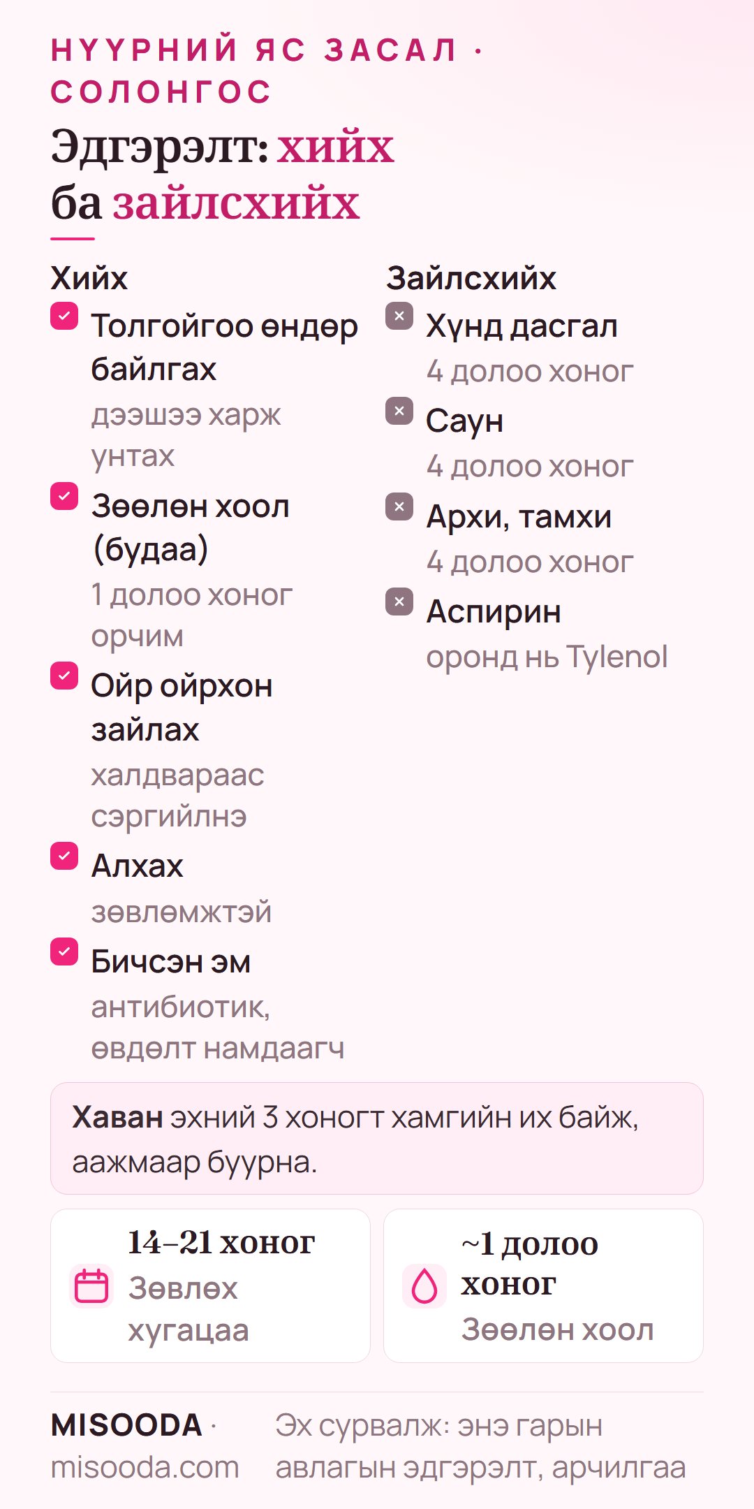 Нүүрний яс засалын эдгэрэлт, арчилгаа: толгойгоо өндөр байлгах, 1 долоо хоног орчим зөөлөн хоол, ойр ойрхон зайлах; 4 долоо хоног хүнд дасгал, саун, архи, тамхигүй