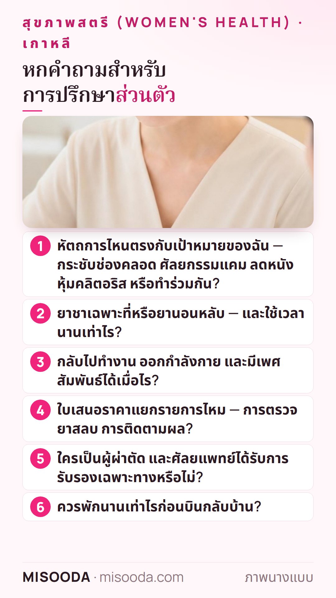 หกคำถามก่อนศัลยกรรมอวัยวะเพศหญิงในเกาหลี: หัตถการไหนเหมาะ ยาระงับความรู้สึกและระยะเวลา การกลับไปทำกิจกรรม ใบเสนอราคาแยกรายการ คุณสมบัติศัลยแพทย์ ระยะพัก