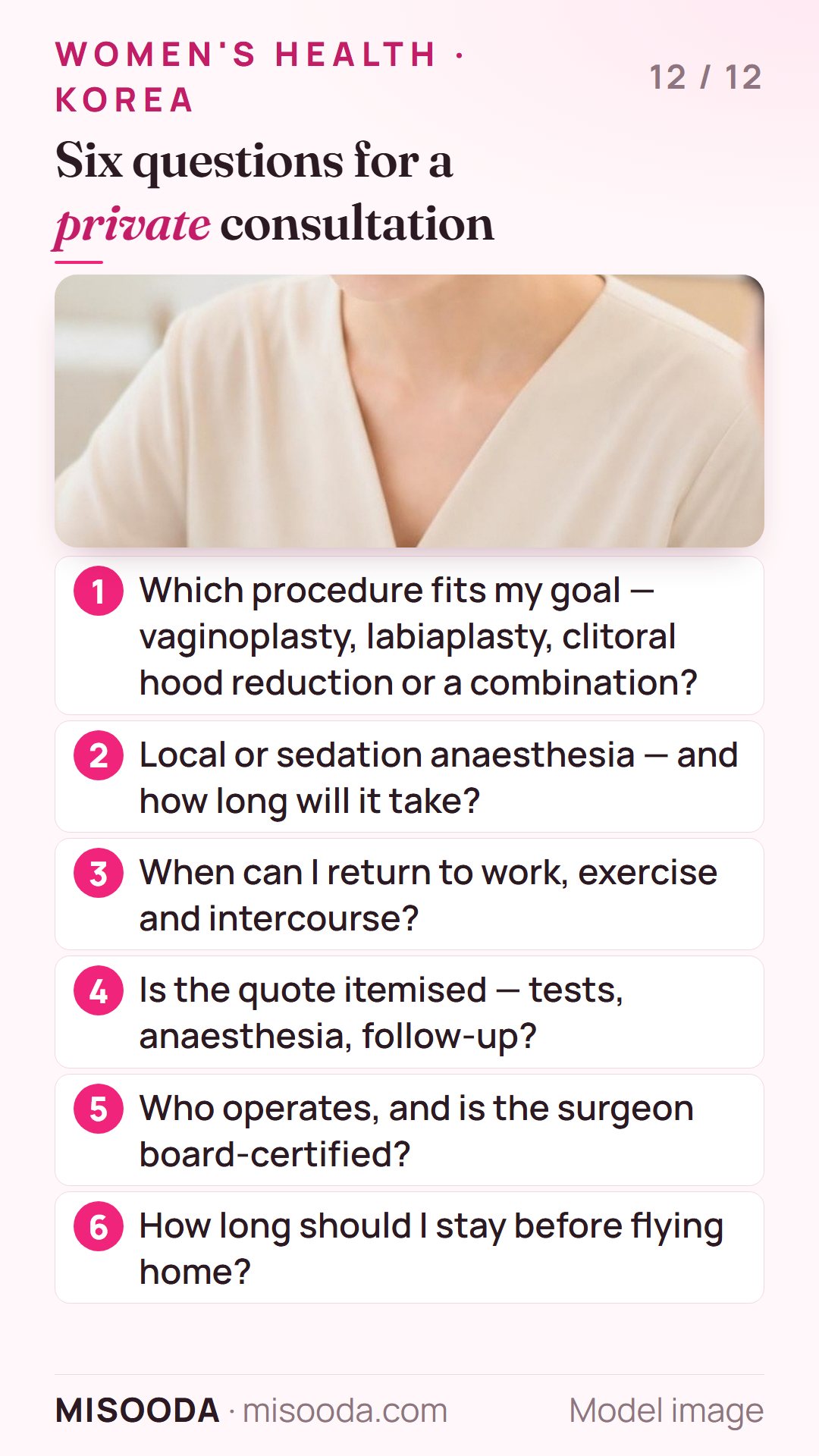 Six questions before female genital surgery in Korea: which procedure fits, anaesthesia and duration, return to activities, itemised quote, surgeon credentials, length of stay