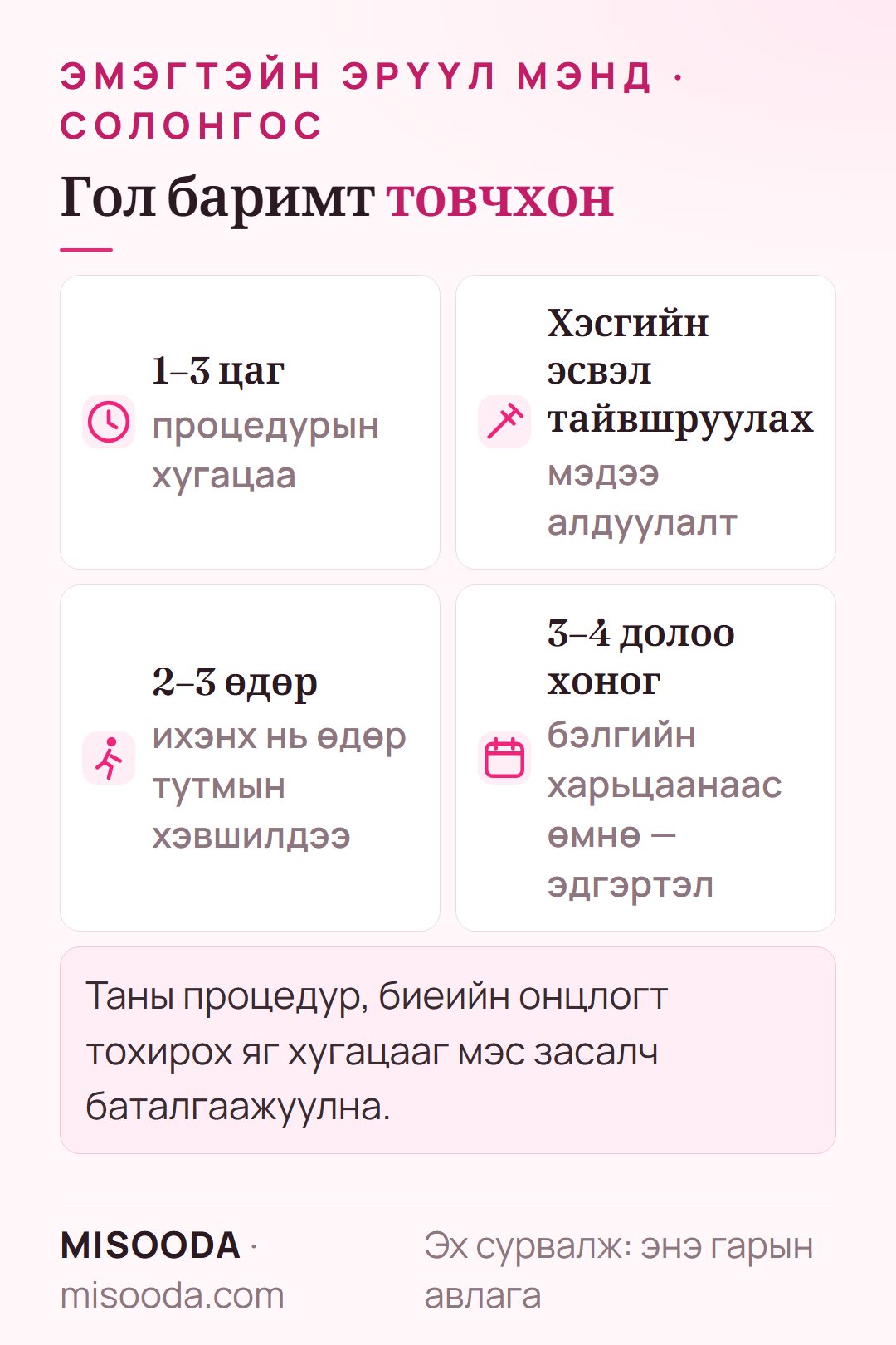 Эмэгтэйн бэлэг эрхтний мэс заслын гол баримт: хэсгийн эсвэл тайвшруулах мэдээ алдуулалттай 1–3 цаг, 2–3 хоногийн дараа өдөр тутмын амьдралдаа орно, бэлгийн харилцаанд 3–4 орчим долоо хоногийн дараа