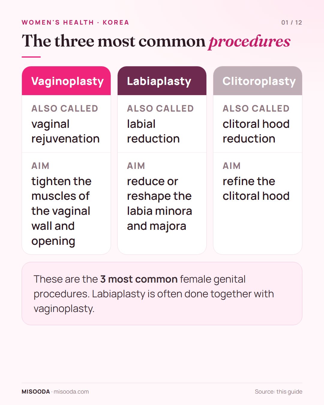 Female genital surgery in Korea: the three most common procedures — vaginoplasty (vaginal rejuvenation), labiaplasty (labial reduction) and clitoroplasty (clitoral hood reduction)