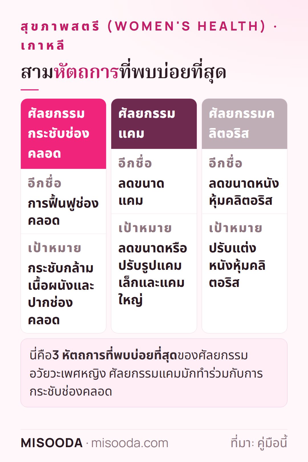 ศัลยกรรมอวัยวะเพศหญิง เกาหลี: สามหัตถการที่พบบ่อยที่สุด — กระชับช่องคลอด (ฟื้นฟูช่องคลอด) ศัลยกรรมแคม (ลดขนาดแคม) และลดขนาดหนังหุ้มคลิตอริส
