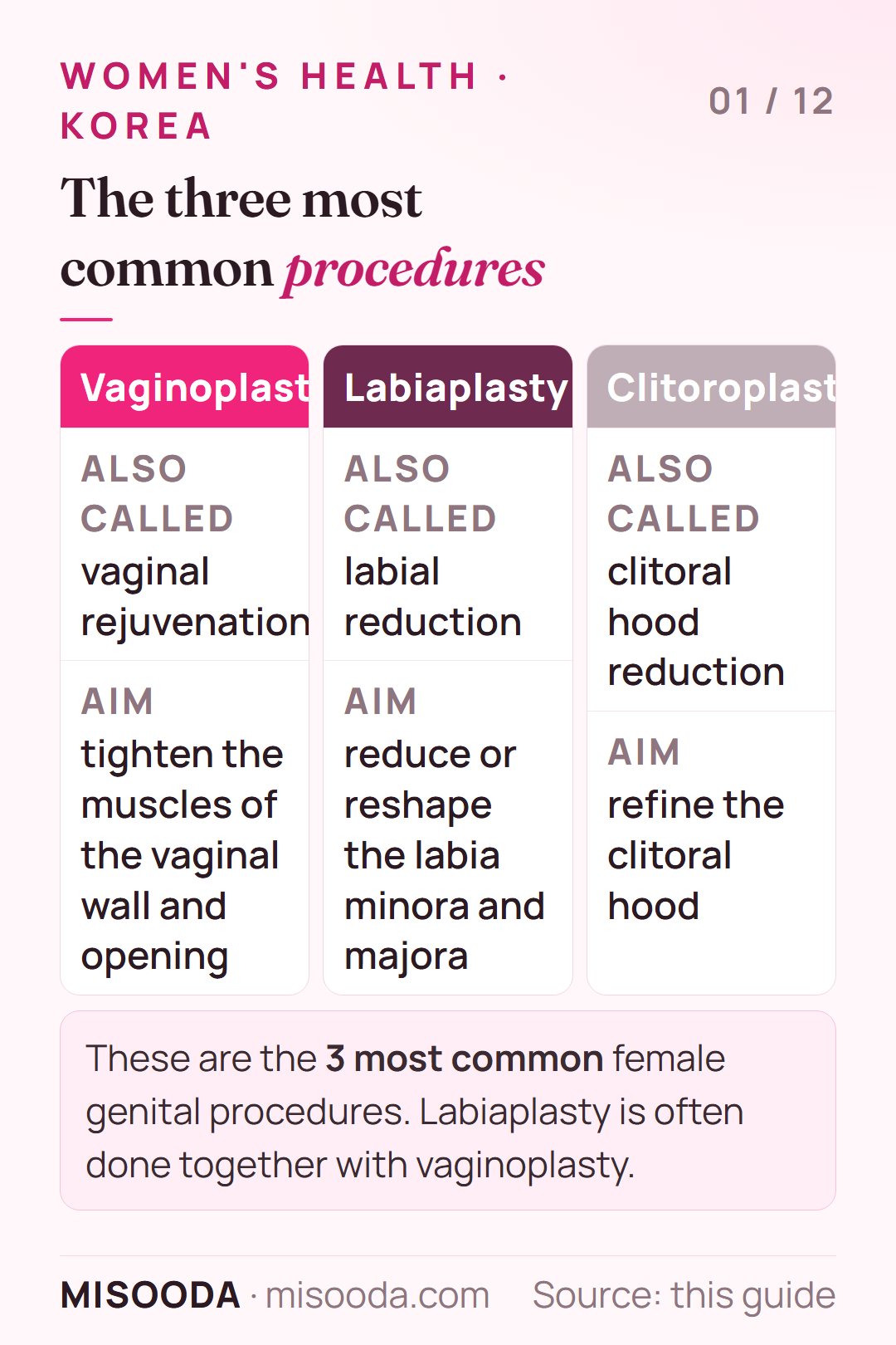 Female genital surgery in Korea: the three most common procedures — vaginoplasty (vaginal rejuvenation), labiaplasty (labial reduction) and clitoroplasty (clitoral hood reduction)
