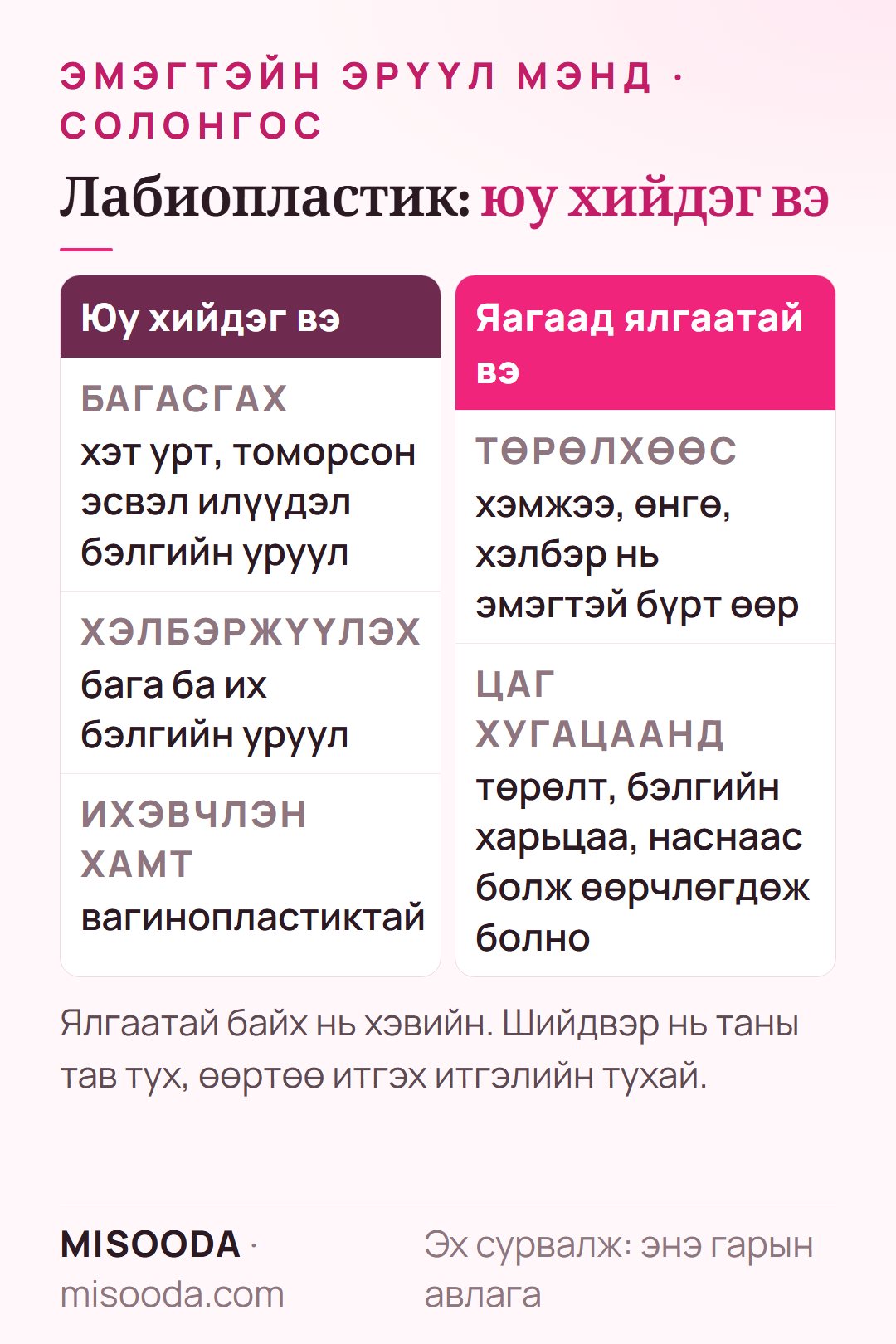 Солонгост лабиапластик (бэлгийн уруул багасгах): урт, томорсон эсвэл илүүдэл бага ба их бэлгийн уруулыг багасгах, хэлбэржүүлэх; ихэвчлэн вагинопластиктай хослуулдаг