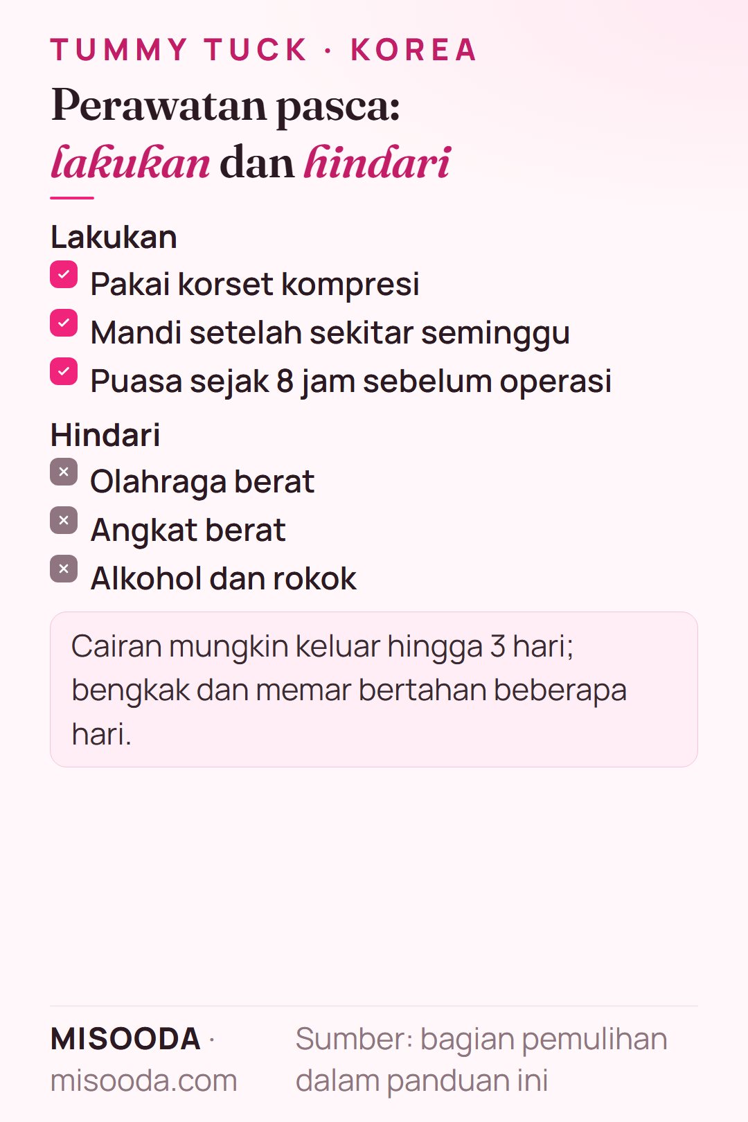 Lakukan dan hindari setelah tummy tuck: korset kompresi 2–3 bulan, mandi setelah seminggu, tanpa olahraga berat 2–3 minggu, tanpa alkohol atau rokok 4 minggu