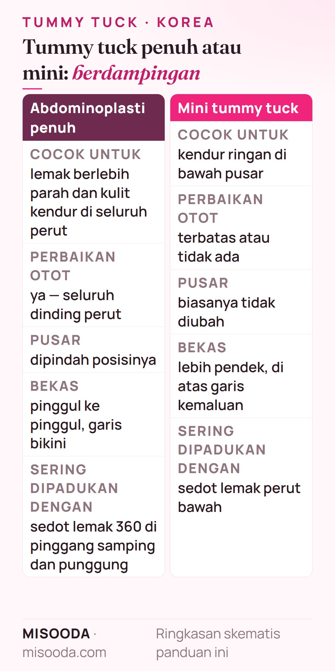 Tummy tuck penuh vs mini: seluruh perut vs di bawah pusar, perbaikan otot penuh vs terbatas, pusar dipindah vs tidak diubah