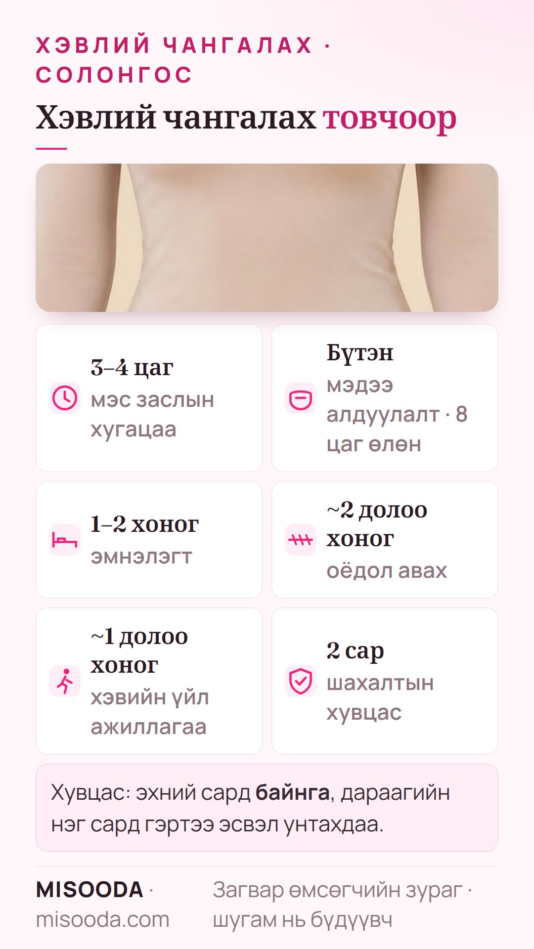 Хэвлий чангалах товч баримт: бүтэн мэдээ алдуулалтаар 3–4 цаг, эмнэлэгт 1–2 хоног, ~2 долоо хоногт оёдол авна, ~1 долоо хоногт хэвийн үйл ажиллагаа