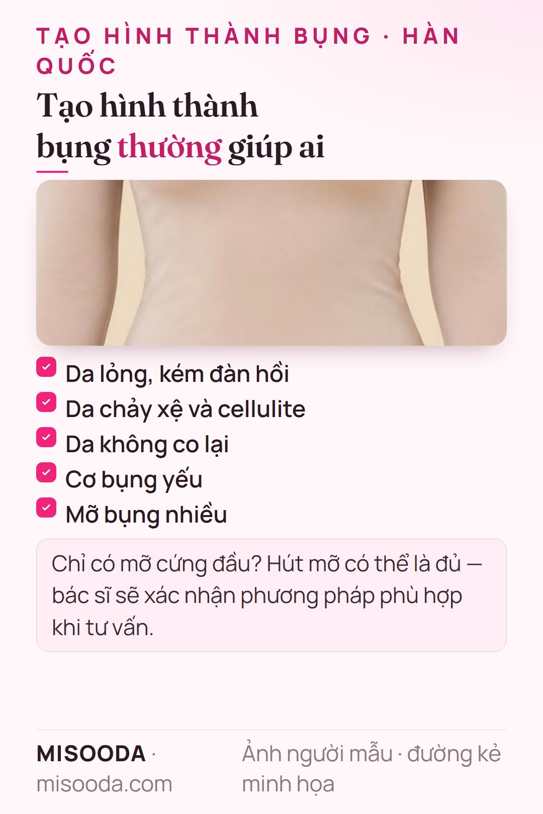 Đối tượng tạo hình thành bụng: da lỏng kém đàn hồi, chảy xệ sau mang thai, da không co lại sau giảm cân, cơ bụng yếu