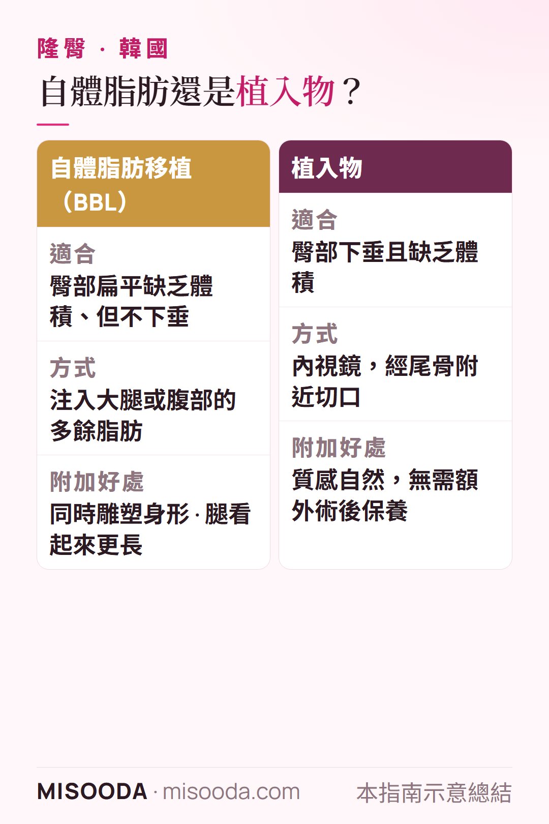 韓國 隆臀方法比較:扁平臀部用大腿或腹部脂肪做自體脂肪移植(BBL),下垂臀部用內視鏡植入物