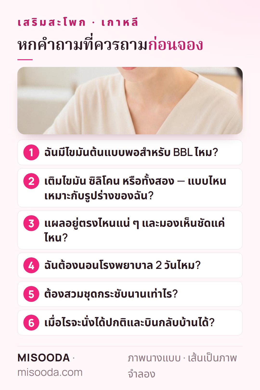 หกคำถามก่อนจองเสริมสะโพกในเกาหลี: ไขมันต้นแบบ ไขมันหรือซิลิโคน แผล การนอนโรงพยาบาล ชุดกระชับ การนั่งและบินกลับบ้าน