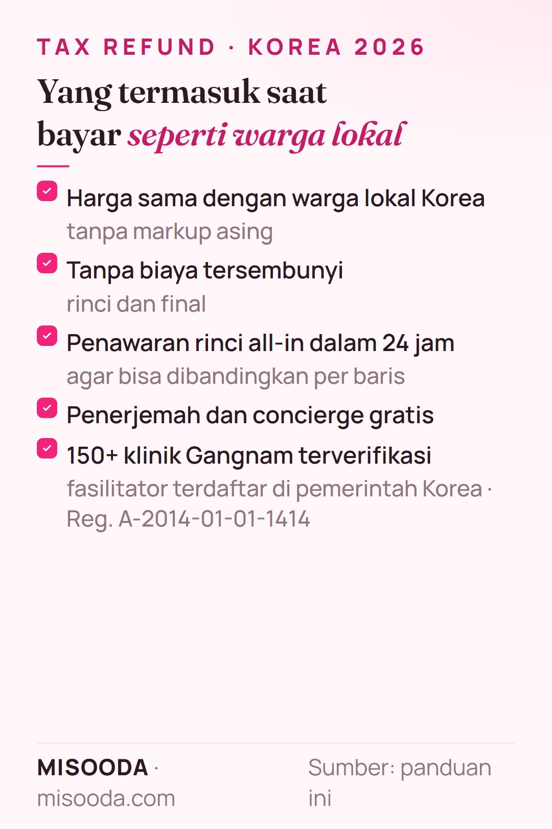Daftar hemat operasi plastik di Korea 2026 lewat MISOODA: harga sama dengan warga lokal, tanpa biaya tersembunyi, penawaran rinci all-in dalam 24 jam, penerjemah gratis, 150+ klinik