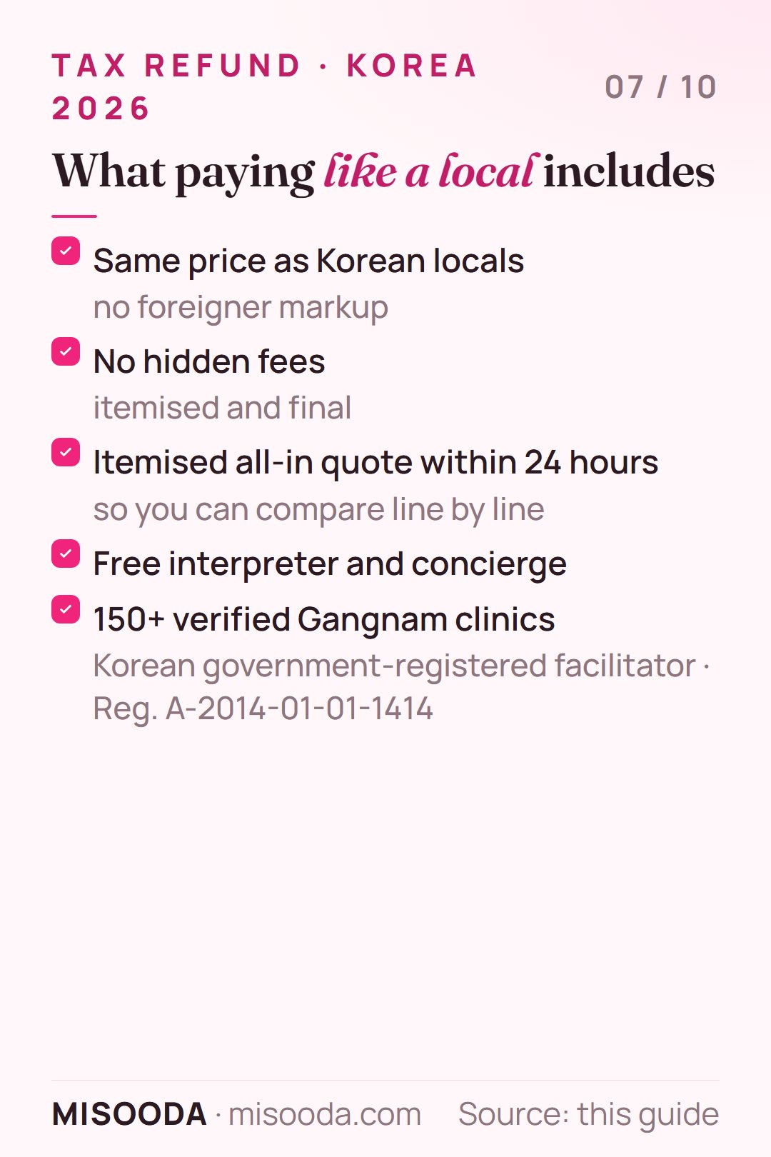 Korea plastic surgery 2026 savings checklist via MISOODA: same price as locals, no hidden fees, itemised all-in quote within 24 hours, free interpreter, 150+ clinics