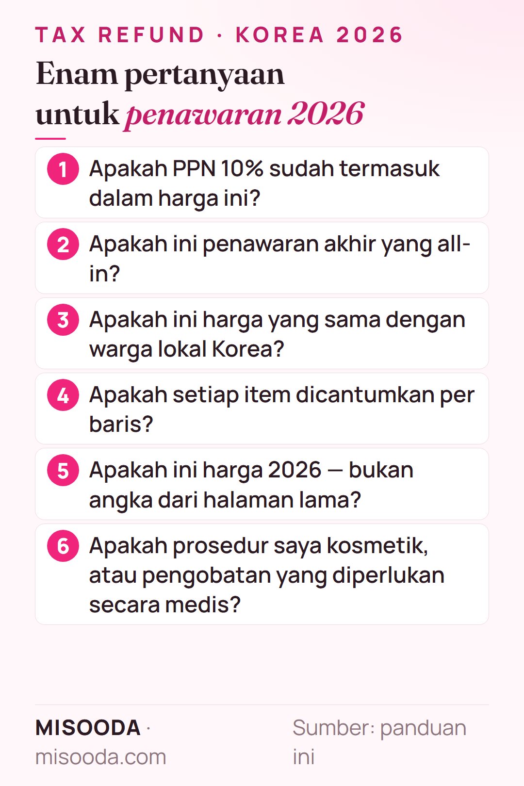 Enam pertanyaan untuk penawaran operasi plastik di Korea 2026: PPN 10% termasuk, final dan all-in, harga lokal, rinci, harga terkini, kosmetik atau medis