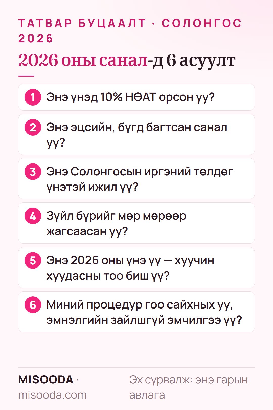 2026 онд Солонгосын гоо сайхны мэс заслын саналд 6 асуулт: 10% НӨАТ орсон уу, эцсийн бүрэн үнэ үү, дотоодын үнэ үү, задаргаатай, шинэ, гоо сайхны эсвэл эмнэлгийн