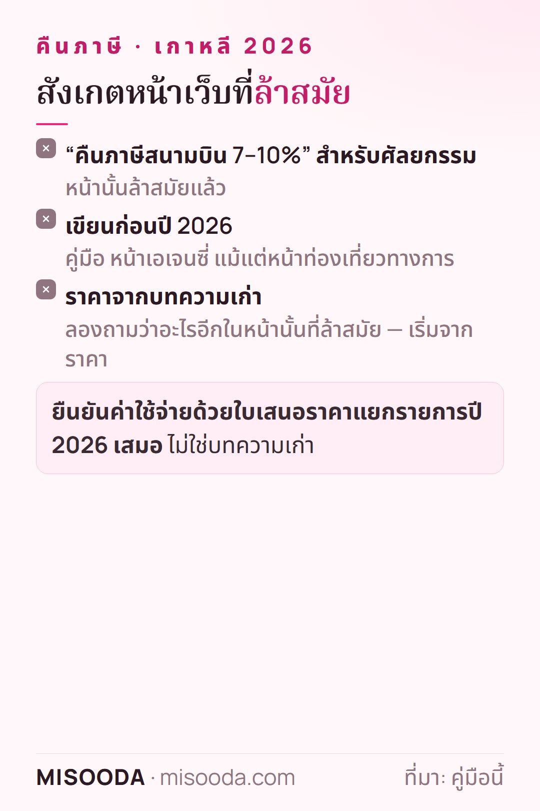 สัญญาณว่าหน้าศัลยกรรมเกาหลีล้าสมัย: ยังสัญญาคืนภาษีสนามบิน 7–10% เขียนก่อนปี 2026 หรือใช้ราคาจากบทความเก่า